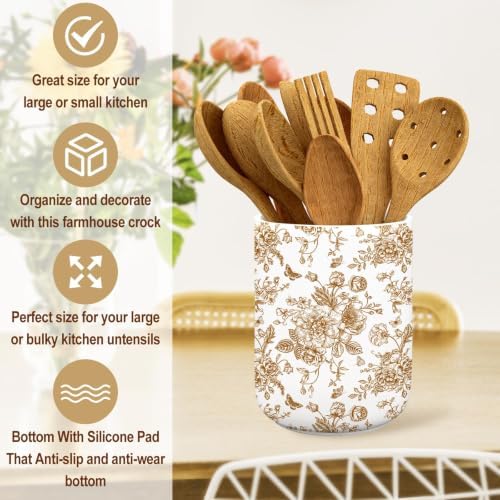 JarThenaAMCS Fall Brown Floral Ceramic Utensil Holder Chopstick Crock