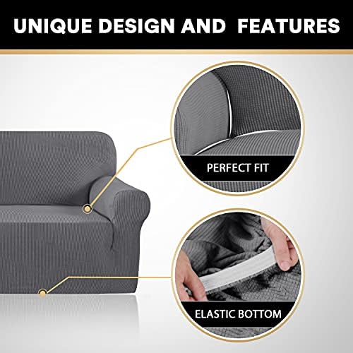 PrinceDeco Stretch Sofa Cover Slipcover Couch Covers for 3 Cushion Couch Furniture Protector Sofa Covers with Non Slip Elastic Bottom Dogs Pet Friendly Fitted (Sofa, Grey)