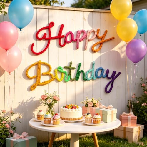 Rainbow Happy Birthday Sign Knitted Wire Words Birthday Wall Hanging Decor