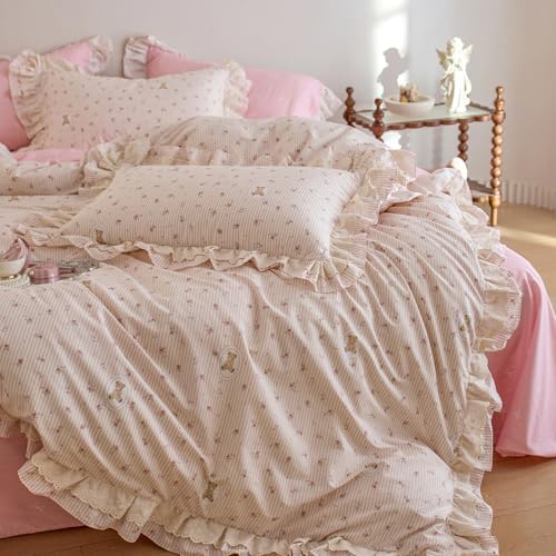 Floral Duvet Cover Full Size 100% Cotton Lace Trim Comforter Cover Full Ruffle Vintage Boho Zipper Duvet Cover Set with 2 Pillow Cases Chic Aesthetic Bedding Set for Girls Duvet Protector