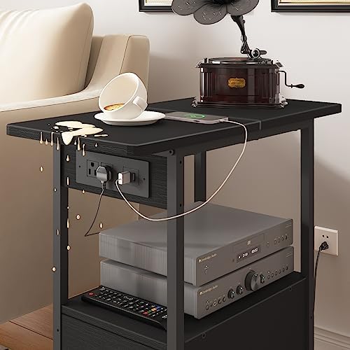 LIDYUK End Table with Charging Station, Narrow Side Table with Drawer