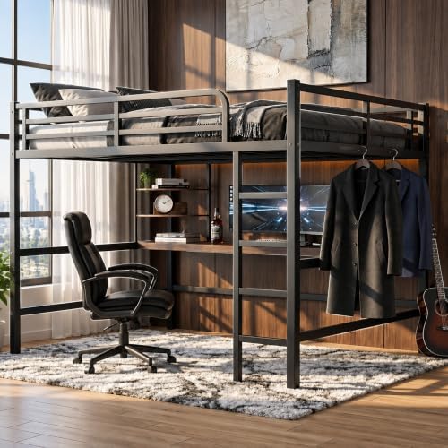 Queen Loft Bed with Desk, USB Charging Station, LED Light and 2 Storage Shelves, Metal Heavy Duty Queen Size Loft Bed for Adults, Teens, No Box Spring Needed, Black