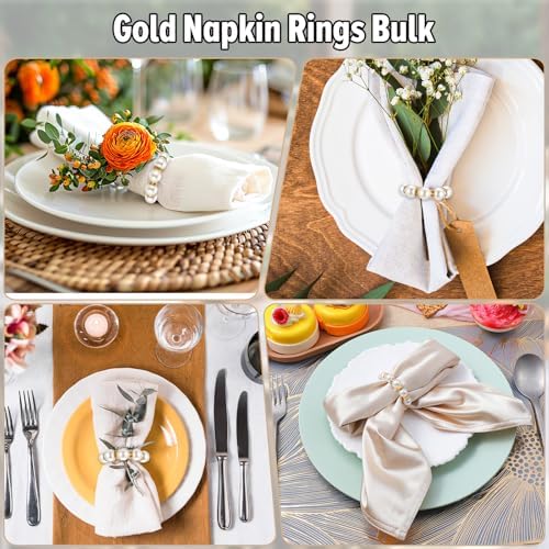 100Pcs Pearl Napkin Rings Imitation Pearl Ring Napkin Holder Delicate Gold Beaded Serviette Buckles for Wedding Christmas Dinner Banquet Decor Party Table Settings