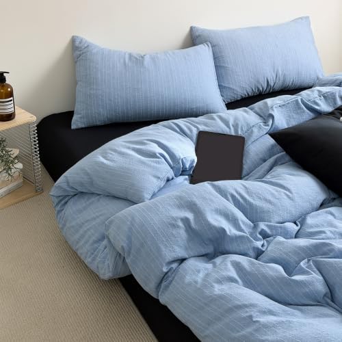 3Pcs Vintage Blue Stripes Textured Duvet Cover Set King Size, Zipper & Ties