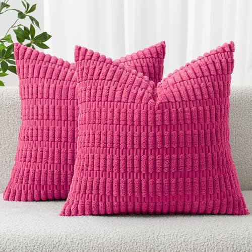 MIULEE Corduroy Decorative Throw Pillow Covers 18x18 Hot Pink Pack of 2