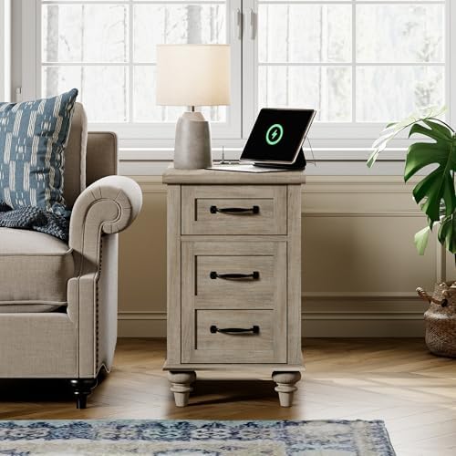 WAMPAT End Table with Charging Station, Grey Side Table with Storage Cabinet & Drawer, Wooden Nightstand with Power Outlets & Type-C USB Ports for Bedroom, Living Room