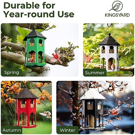 Kingsyard Metal Bird Feeder for Outdoor Hanging, Wild Bird Feeders with Circular Perch, Easy to Clean & Refill, 4 lbs Large Seed Capacity, White