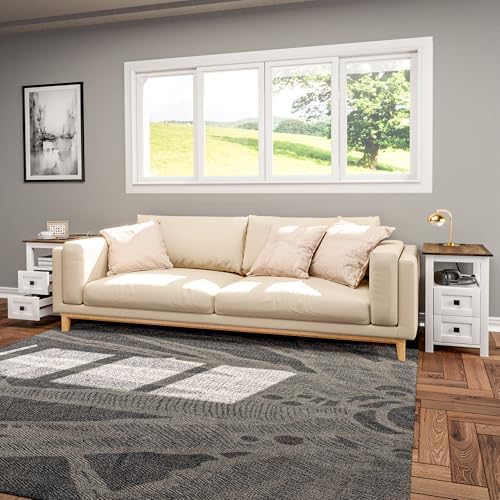 VVFLU Farmhouse Nightstand with Charging Station and 2 Storage Drawers, Bedside Table with Barn Door and Shelf, Rustic End Table Side Table for Bedroom, Living Room, Sofa