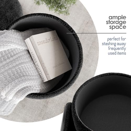 Round Ottoman with Storage, Boucle Storage Ottoman, Foot Stool Ottomans, Makeup Vanity Stool, Small Ottomans Foot Rest, Modern Vanity Stools for Living Room and Bedroom, Black