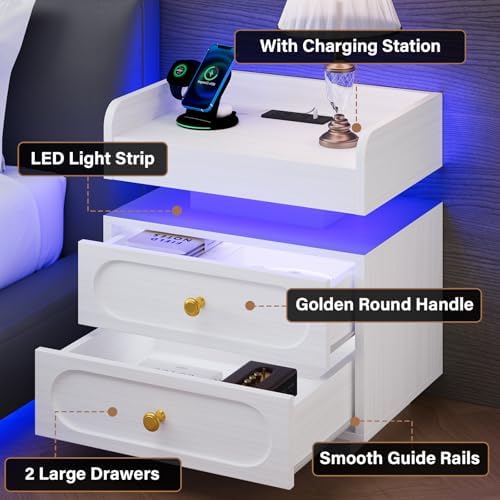 4ever2buy White Nightstand Set of 2 with Charging Station and LED Lights