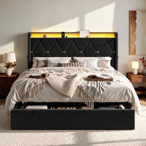 SHA CERLIN King Size Bed Frame with Storage Drawer & LED Lights, Black