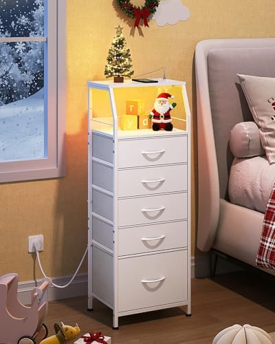 WLIVE Night Stand with Charging Station, White LED 5 Drawers Bedside Table