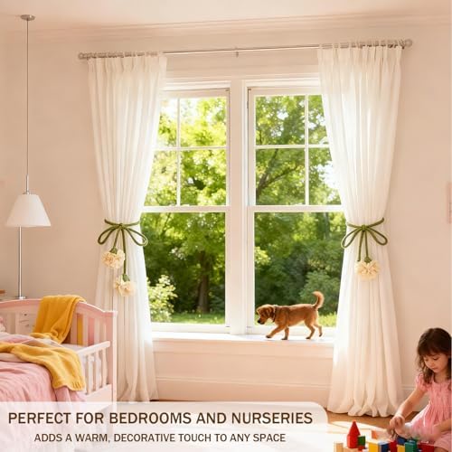 Handmade Curtains Tiebacks, Boho Flower Curtain Tie Backs Curtain Holder Tie Backs for Curtains Braided,Cute Flower Curtain Ties Decorative Rope for Bedroom Window Treatment (Milk White)