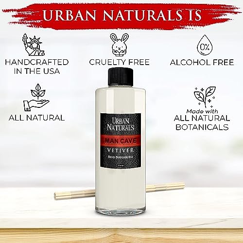 Urban Naturals Reed Diffuser Oil Refill Man Cave Vetiver with Oud, Amber, Frankincense 8 oz + Free Reed Sticks, Made in the USA