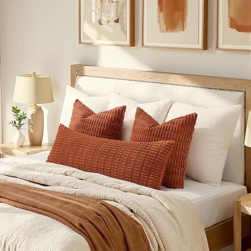 MIULEE Fall Lumbar Corduroy Throw Pillow Cover for Bed 14x36 Dark Rust