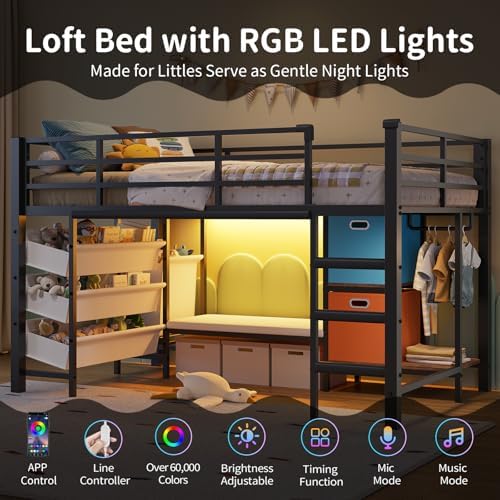 DICTAC Low Loft Bed Twin Size with Storage Bins and Reading Corner, Black