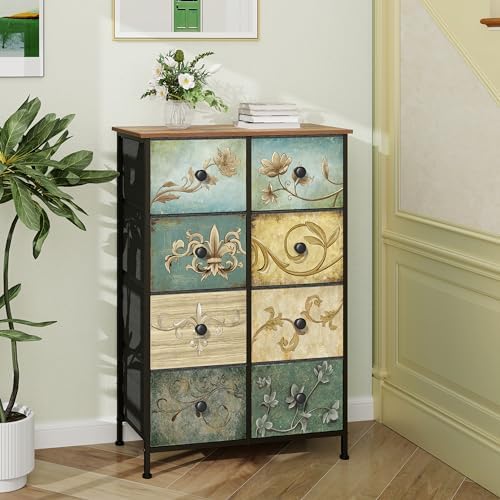 Tohomeor Narrow Storage Dresser Slim Dresser with Retro Flowers Fabric Drawers Vertical Skinny Cabinet for Small Spaces,Bathroom,Bedroom Closet Nightstand,Entryway Organizer (Retro Flower, 8 Drawers)