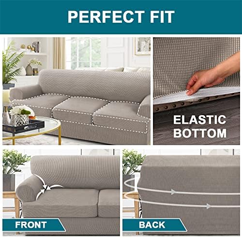 Turquoize 4 Piece T Cushion Sofa Slipcovers Stretch Couch Cover Furniture Covers with 3 Individual T Cushion Covers, Machine Washable (3 Cushion Sofa, Taupe)