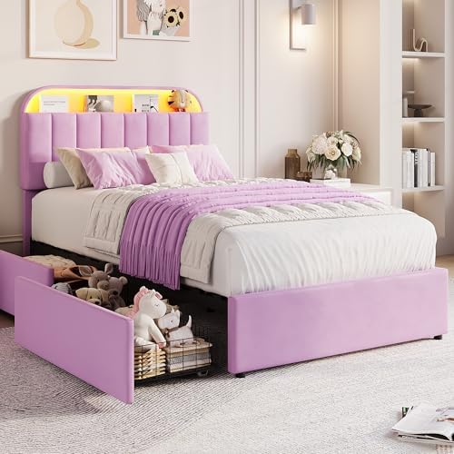 GarveeHome Twin Bed Frame, Platform Bed with Storage Headboard & Drawers