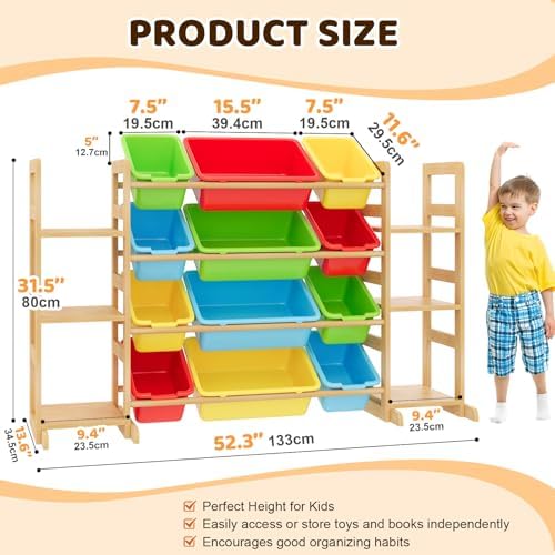 Large Toy Storage Organizer Kids Toy Organizer and Bookshelf Combo with 12 Bins and 6 Shelves Toy Organization Box Toy Shelf for Playroom, Bedroom, Nursery