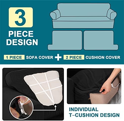 Turquoize 3 Piece T Cushion Sofa Slipcovers Stretch Couch Cover Furniture Covers with 2 Individual T Cushion Covers, Machine Washable (2 Cushion Sofa, Black)