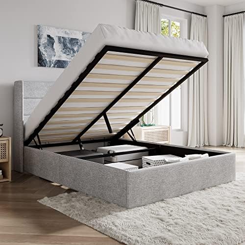 SHA CERLIN Full Size Lift Up Hydraulic Storage Bed Frame Light Grey