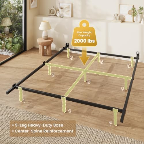SHA CERLIN 7 Inch Metal Bed Frame, 9-Leg Box Spring Base, Black, Full