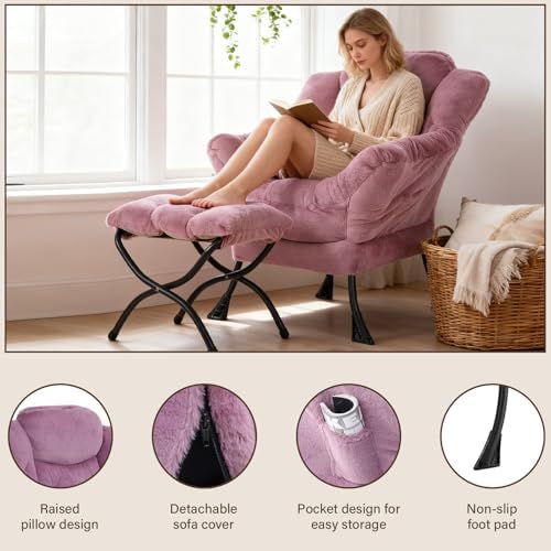 Welnow Lazy Chair with Ottoman, Reading Chair with Footrest,Mauve Purple