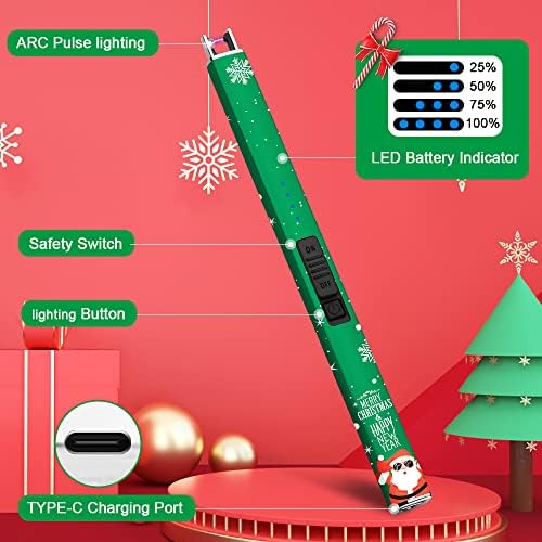 SUPRUS Electric Lighter Arc Windproof Flameless USB Rechargeable Lighter with Safety Lock for Candle BBQ Camping (Christmas Green)