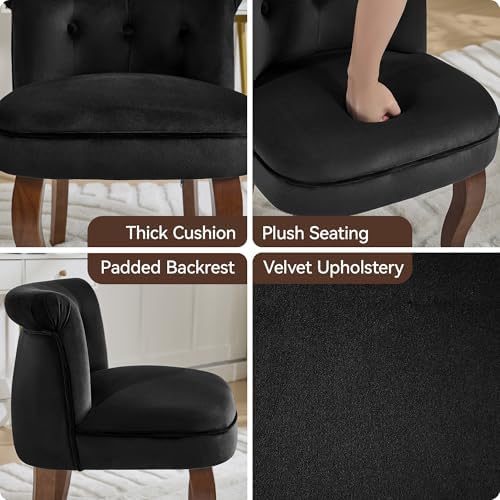 WUTUTUEE Velvet Vanity Chair with Back, Tufted Upholstered Vanity Stool with Solid Wood Legs, Mid Century Small Makeup Chair for Vanity, Accent Chair for Bedroom, Living Room, Black
