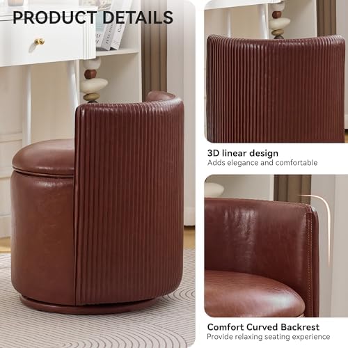 WUTUTUEE Faux Leather Vanity Chair with Storage, 360° Swivel Makeup Chair with Pleated Back, No Assembly Small PU Accent Stool for Bedroom, Dressing Room, Living Room, Brown