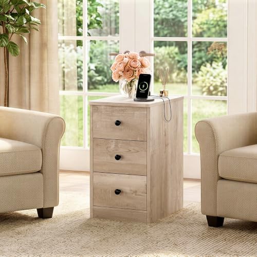 LIKIMIO Nightstand with Charging Station, 3 Drawers Modern for Bedroom