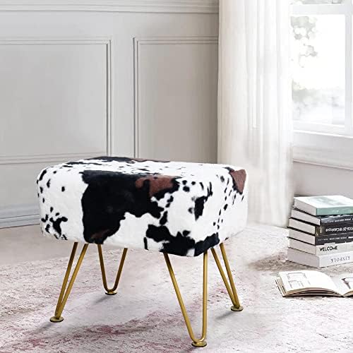 Cow Rectangle Faux Fur Ottoman 19"x13"x17" Soft Fuzzy Entryway Bench Seat Sturdy Accent Coffee Table for Living Room Make Up Vanity Shoe Stool with Golden Legs for Bedroom Closet Foot Rest