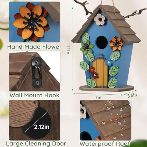 Wooden Bird Houses for Outside,Farmhouse Hanging Blue Birdhouse