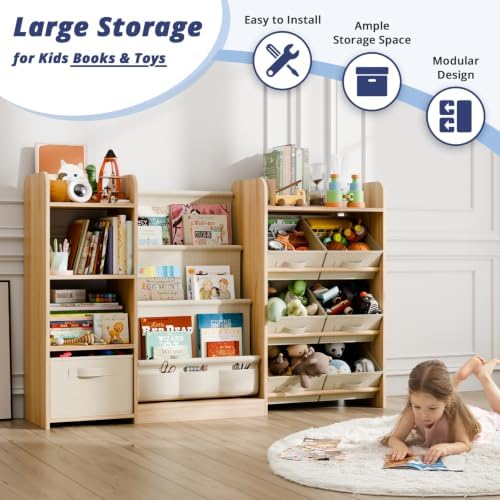 Kids Bookshelf and Toy Storage with 7 Removable Bins, 51 inch, Burlywood