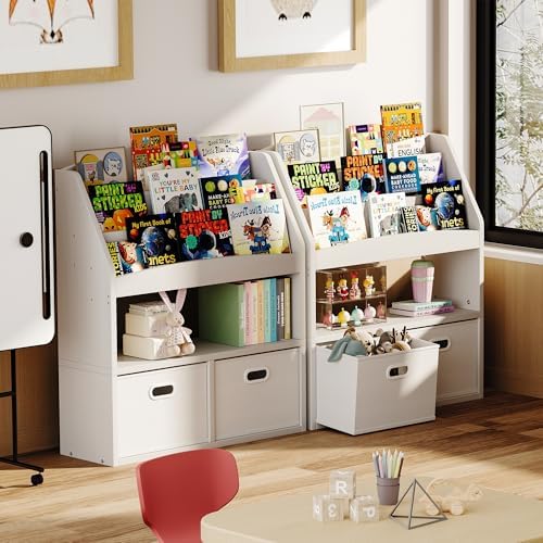 Homeiju Kids Bookshelf & Toy Storage Organizer with 2 Fabric Bins, 3 Tier Children Book Shelf, Toddler Bookcase for Toddler, Kids Room, Toys, Nursery, Playroom, White