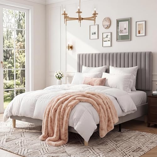 Queen Bed Frame with Adjustable Headboard, Velvet Upholstered Platform Bed