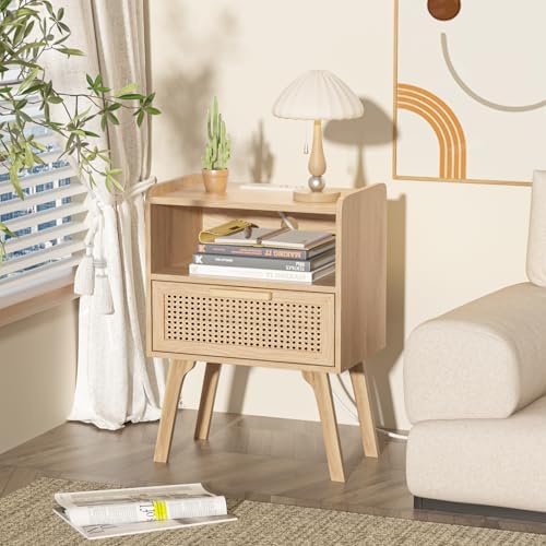 Lerliuo Rattan Nightstands Set of 2 with Charging Station, Boho Night Stand
