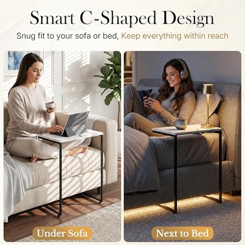 SUPER DEAL Nesting Tables Set of 3, Industrial C Shaped End Table Stackable Coffee Table Heavy Duty Metal Frame for Small Space, Living Room, Bedroom, Side Table Tray for Laptop Snack, White