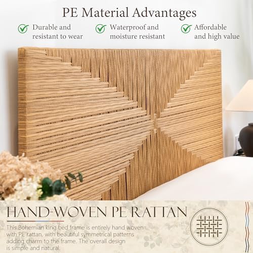 Brafab Boho Rattan Full Size Bed Frame with Headboard and Footboard