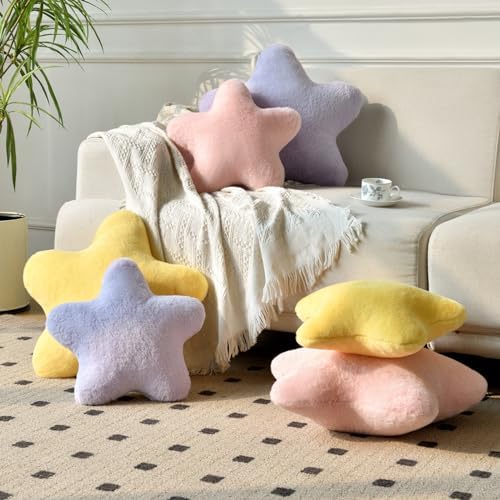Star Pillow, Decorative Throw Pillows for Bed Couch, 15" Star Shaped Pillow Plush Floor Cushions Room Decor Pillow with Soft Faux Rabbit Fur for Sofa Bedroom Living Room