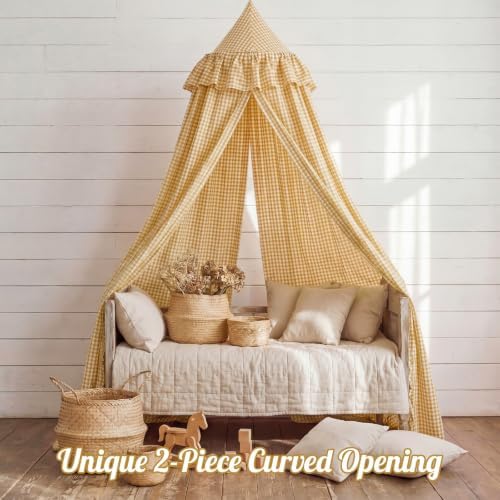 SmoothNovelty Gingham Plaid Bed Canopy, Yellow White, Round