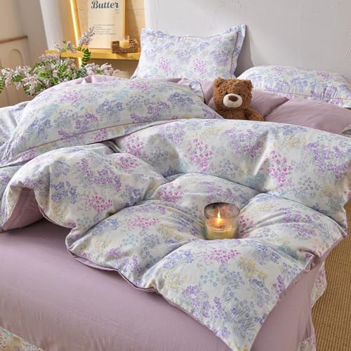 Gauze Full Size Duvet Cover Set 3 Pcs 100 Cotton,1 Full Duvet Cover with 2 Pillowcases,Purple Floral Double Layer Muslin Bedding Set,Soft Comfy Breathable Quilt Covers for Women 80"×90"