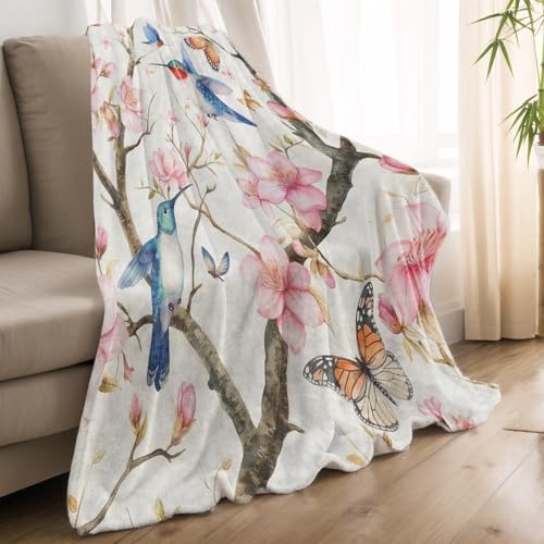 Watercolor Hummingbird Blanket Lightweight Blankets Gifts for Nature Lover Flannel Throw with Pink Cherry Blossom and Butterfly Printed for Sofa, Bed, Travel, Spring Decor Throws 80x60 Inch