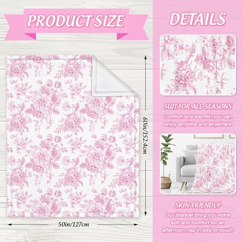 JarThenaAMCS Pink Floral Fuzzy Blanket Pink Flowers Throw Blanket Decorative Soft Cozy Flannel Blankets for Home Bed Sofa Couch Chair, 50 x 60 Inch