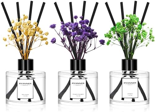 Reed Diffuser Set of 3 Pack,Lavender Eucalyptus/White Jasmine/Lemongrass Scented Oil Diffuser with 24 Sticks(1.7 fl oz Each Pack),Air Freshener for Bedroom Bathroom Office | Shelf Decor
