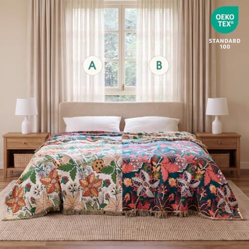 Boho Throw Blanket Twin Size - 100% Cotton, Floral Blankets for Bed