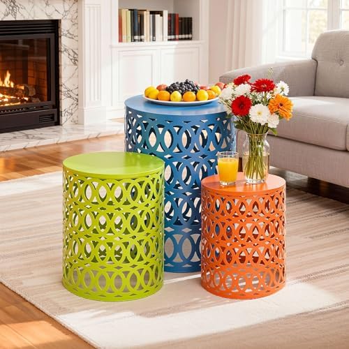 Metal Side Table Set of 3, Modern Geometric Cut-Out Design