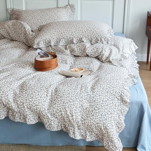 BuLuTu Blue Floral Print Duvet Cover King Size, Elegant Ruffles Bedding Set 3 Pieces, 100% Cotton Muslin Comforter Cover with 2 Pillowcases Soft Lightweight King Bed Set, Machine Wash