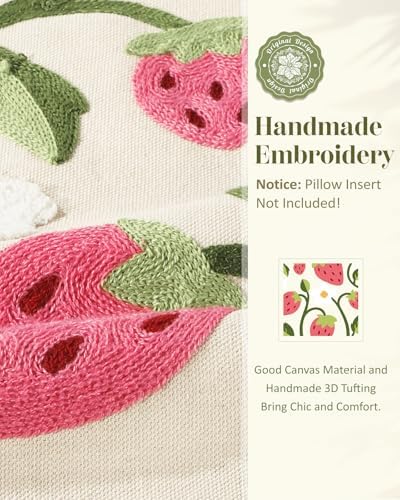 Embroidered Throw Pillow Cover 18x18 Inch, Branch Strawberry